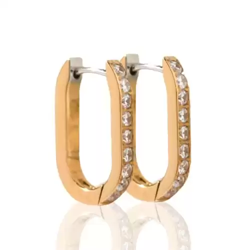 Tini Lux | Hypoallergenic Earrings | Titanium Pavé Trendsetter Hoop Earrings | Oval Silver Crystal Detail | Titanium Silver Hoop Earrings | Silver Hoops for Women, Sensitive Ears, Earring Set (Gold)