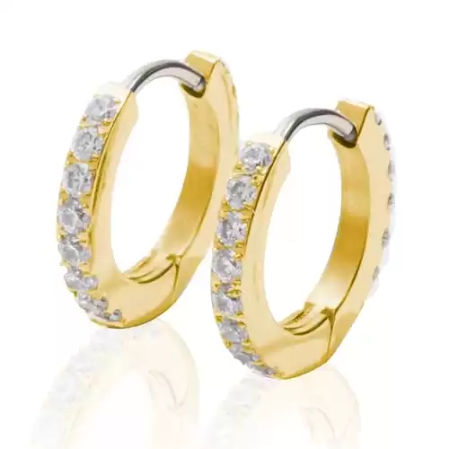 Tini Lux | Hypoallergenic Earrings | Titanium Date Night Small Hoop Earrings | Gold Crystal Detail | Titanium Gold Hoop Earrings | Gold Hoops for Women, Sensitive Ears, Trendy Womens Earring Set (Gold...