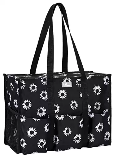 Pursetti Utility Tote with Pockets & Compartments-Perfect Nurse Tote Bag, Teacher Bag, Work Bags for Women & Craft Tote (Black Daisy)