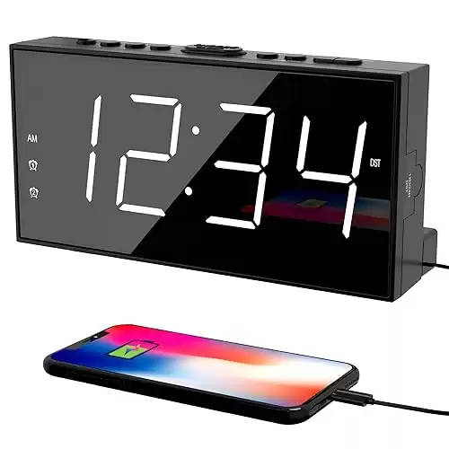 Alarm Clock for Bedroom, 2 Alarms Loud LED Big Display Plug in Simple Basic Digital Clock with USB Charging Port