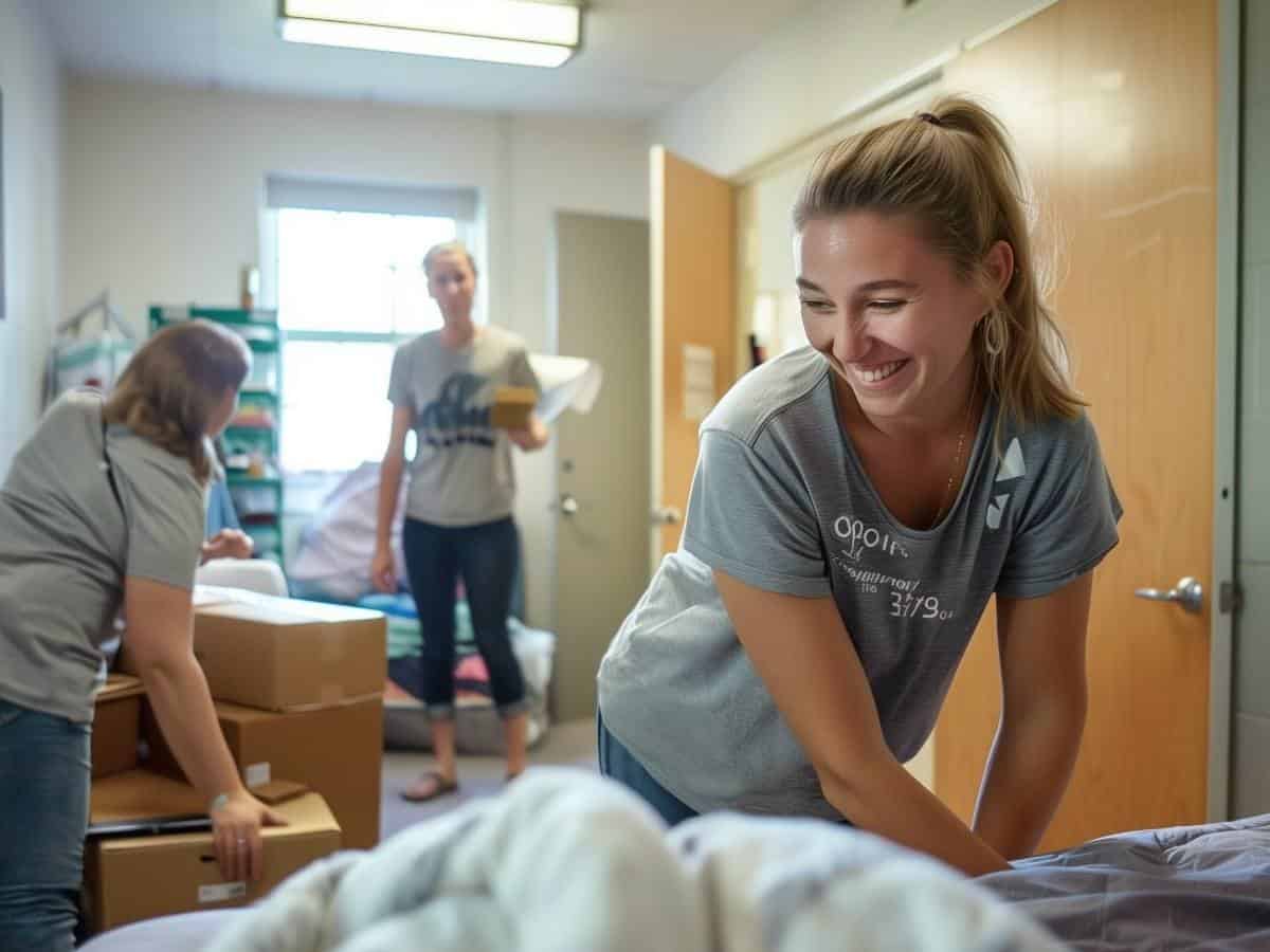 mom making bed in daughters dorm