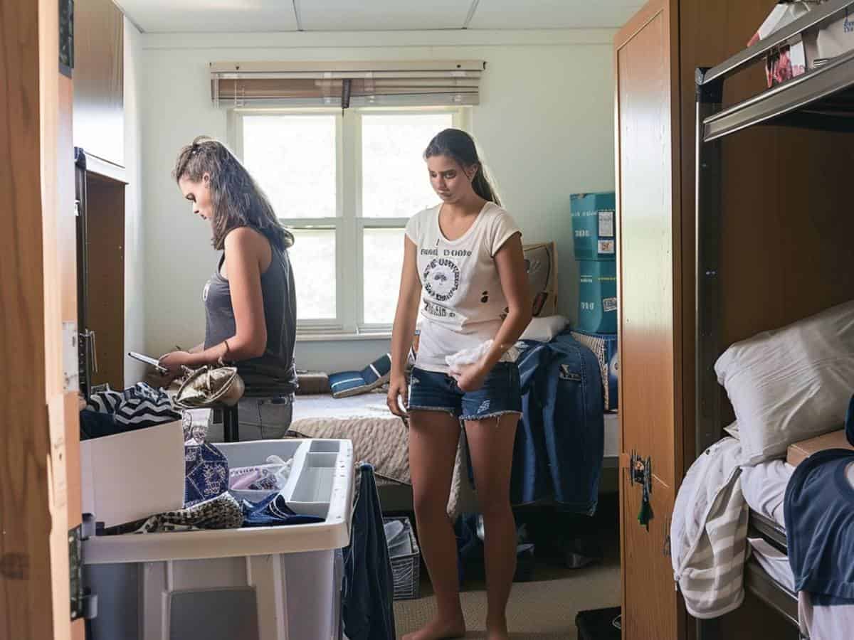 mother and daughter unpacking dorm room